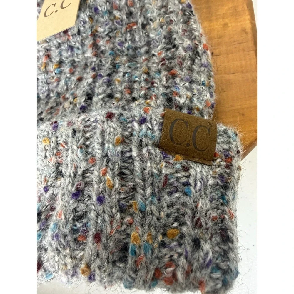 C.C Confetti Knit Beanie Hat Faux Fur Pom Pom Fuzzy Lined Gray One Size NWT
